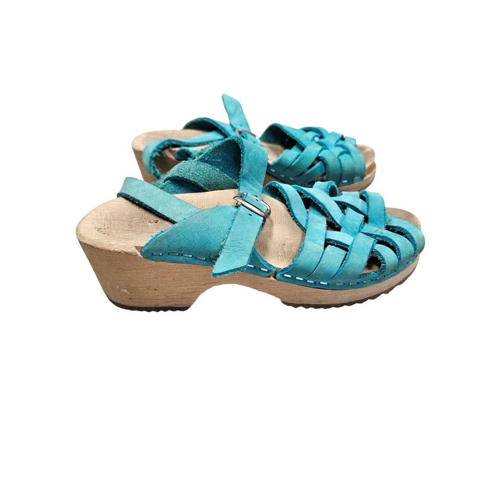 Swedish Clogs Sandals Kids 29 Teal Blue Suede Wood Woven Fisherman Boho Platform